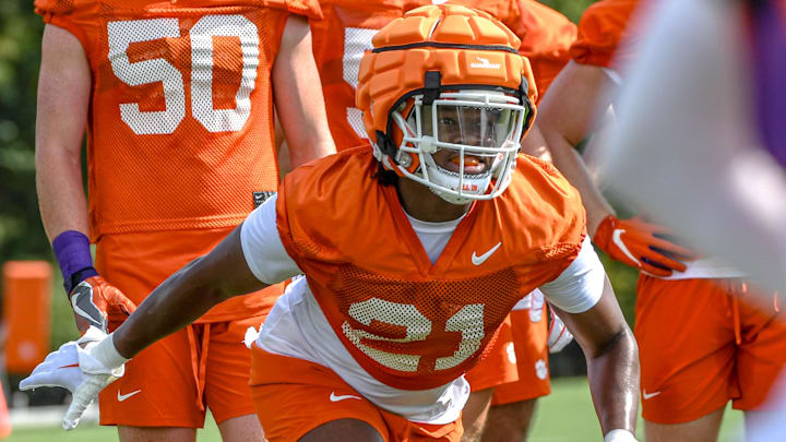 Clemson linebacker Kobe McCloud (21) during the first practice at Clemson, S.C. Friday, August 4, 2023.