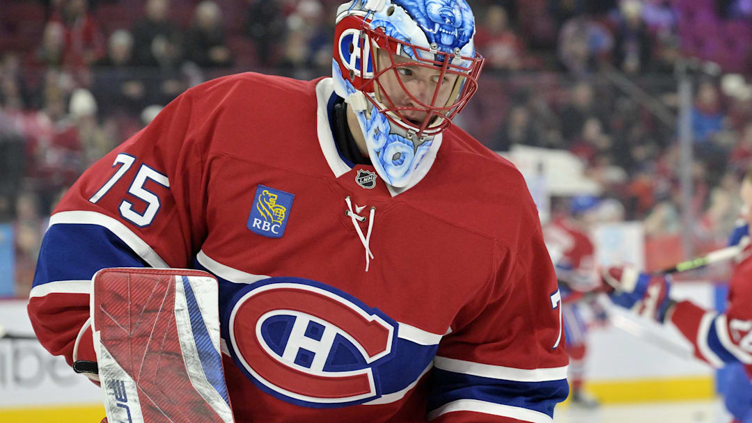 Mar 3, 2025; Montreal, Quebec, CAN; Montreal Canadiens goalie Jakub Dobes (75) skates during the warmup period before the game against the Buffalo Sabres at the Bell Centre. Mandatory Credit: Eric Bolte-Imagn Images
