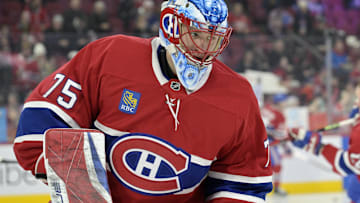 Mar 3, 2025; Montreal, Quebec, CAN; Montreal Canadiens goalie Jakub Dobes (75) skates during the warmup period before the game against the Buffalo Sabres at the Bell Centre. Mandatory Credit: Eric Bolte-Imagn Images