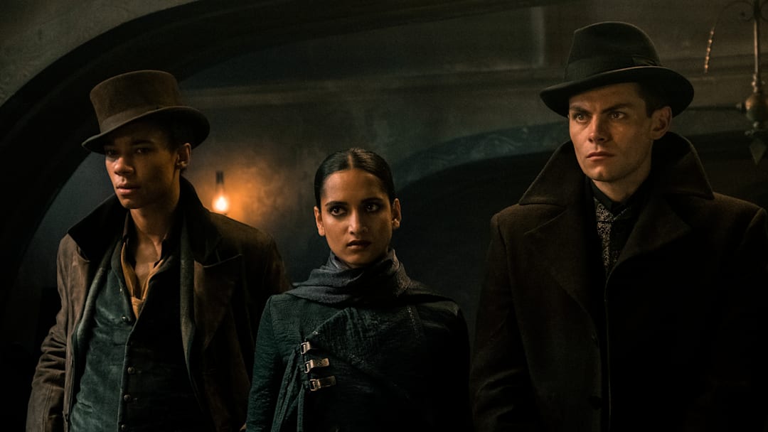(L to R) Kit Young as Jesper Fahey, Amita Suman as Inej Ghafa and Freddy Carter as Kaz Brekker in Shadow and Bone