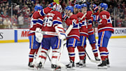 Apr 8, 2025; Montreal, Quebec, CAN; Montreal Canadiens goalie Sam Montembeault (35) celebrates the win against the Detroit Red Wings with teammates at the Bell Centre. Mandatory Credit: Eric Bolte-Imagn Images