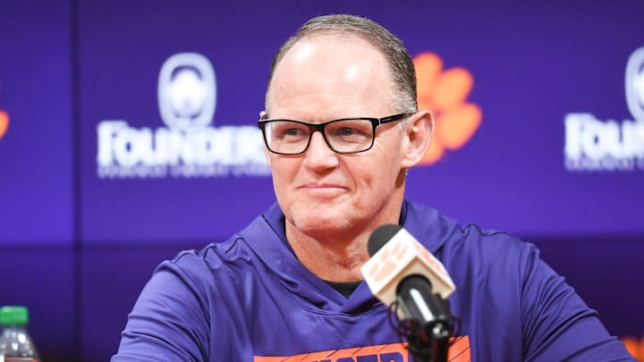 Clemson Head Coach Dabo Swinney introduces newly hired football defensive coordinator Tom Allen, formerly at Penn State University, in the Smart Family Media Center at Clemson University in Clemson, S.C. Wednesday, January 15, 2024.