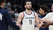 Jan 11, 2025; Washington, District of Columbia, USA; Connecticut Huskies forward Alex Karaban (11) is introduced before a game against the Georgetown Hoyas at Capital One Arena. Mandatory Credit: Daniel Kucin Jr.-Imagn Images