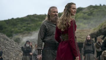 Vikings Valhalla. (L to R) Goran Visnjic as Erik the Red, Frida Gustavsson as Freydis Eriksdotter in episode 107 of Vikings Valhalla. Cr. Bernard Walsh/Netflix © 2023