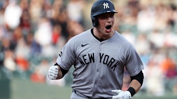 Apr 29, 2025; Baltimore, Maryland, USA; New York Yankees first baseman Ben Rice (22) celebrates after hitting a home run during the first inning against the Baltimore Orioles at Oriole Park at Camden Yards. 