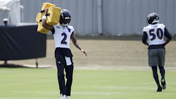 Jun 11, 2025; Baltimore, MD, USA; Baltimore Ravens cornerback Nate Wiggins (2) performs a drill during an NFL OTA at Under Armour Performance Center. Mandatory Credit: Daniel Kucin Jr.-Imagn Images