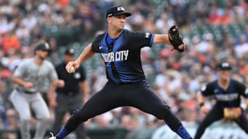 Jun 21, 2024; Detroit, Michigan, USA; Detroit Tigers starting pitcher Jack Flaherty (9) throws a pitch against the Chicago White Sox in the second inning at Comerica Park.