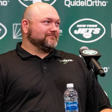 Apr 26, 2023; Florham Park, NJ, USA; New York Jets general manager Joe Douglas addresses the media during the introductory press conference for quarterback Aaron Rodgers (8) (not pictured) at Atlantic Health Jets Training Center.