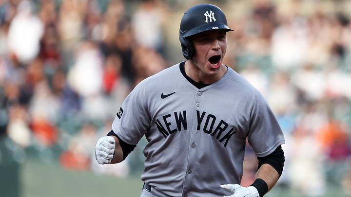 Apr 29, 2025; Baltimore, Maryland, USA; New York Yankees first baseman Ben Rice (22) celebrates after hitting a home run during the first inning against the Baltimore Orioles at Oriole Park at Camden Yards. 