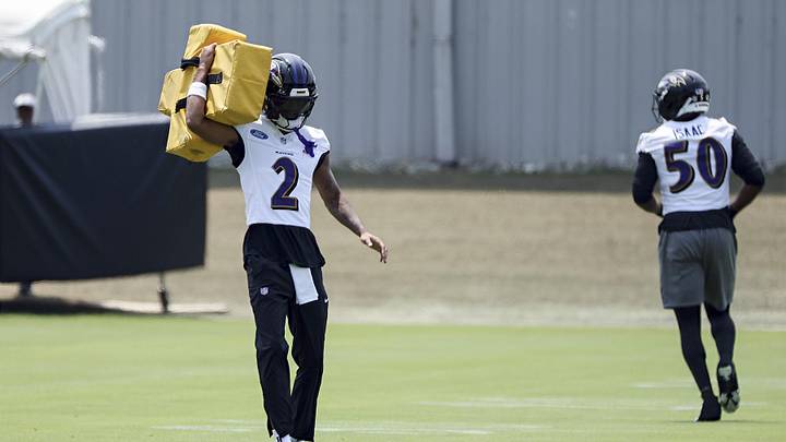 Jun 11, 2025; Baltimore, MD, USA; Baltimore Ravens cornerback Nate Wiggins (2) performs a drill during an NFL OTA at Under Armour Performance Center. Mandatory Credit: Daniel Kucin Jr.-Imagn Images