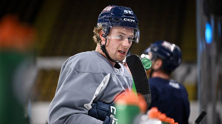 Milwaukee Admirals left wing Navrin Mutter (47) gets a breather between drills during a practice open to season ticket holders Wednesday, October 16, 2024, at the UW-Milwaukee Panther Arena in Milwaukee, Wisconsin.