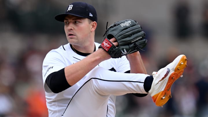 Jun 9, 2024; Detroit, Michigan, USA;  Detroit Tigers pitcher Tarik Skubal (29) throws a pitch against the Milwaukee Brewers in the seventh inning at Comerica Park