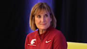 Oct 25, 2022; San Francisco, CA, USA; Washington State Cougars coach Kamie Ethridge reacts during Pac-12 Women's Basketball Media Day at the Pac-12 Network Studios. Mandatory Credit: Kirby Lee-USA TODAY Sports