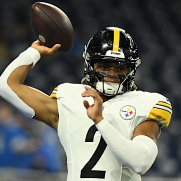 Aug 24, 2024; Detroit, Michigan, USA;  Pittsburgh Steelers quarterback Justin Fields (2) warms up before their game against the Detroit Lions at Ford Field. Mandatory Credit: Lon Horwedel-Imagn Images