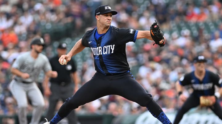 Jun 21, 2024; Detroit, Michigan, USA; Detroit Tigers starting pitcher Jack Flaherty (9) throws a pitch against the Chicago White Sox in the second inning at Comerica Park. Mandatory Credit: Lon Horwedel-USA TODAY Sports