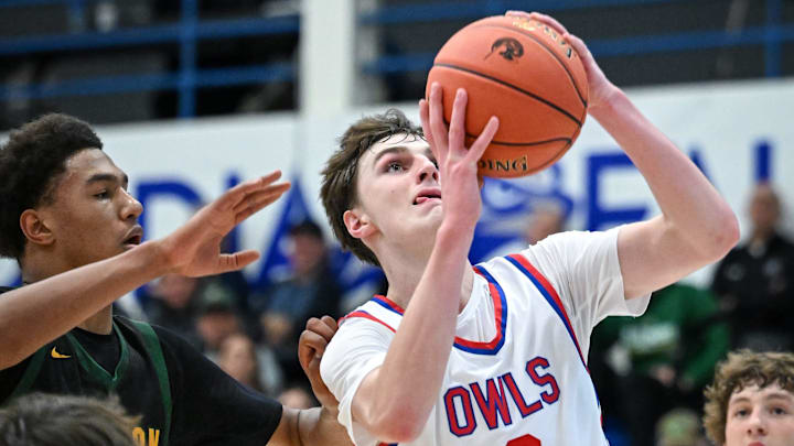Slinger forward Jack Kohnen (3) fights for a rebound versus Freedom in a non-conference game in the Rick Majerus WBY Shootout on Friday, December 27, 2024.