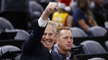 Dec 15, 2021; Salt Lake City, Utah, USA;  Danny Ainge reacts as he watches pregame activities after being ppointed Alternate Governor and CEO of Utah Jazz Basketball prior to their game against the LA Clippers at Vivint Arena. Mandatory Credit: Jeffrey Swinger-Imagn Images