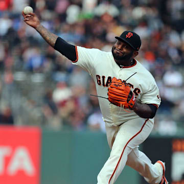 Apr 28, 2018; San Francisco, CA, USA; San Francisco Giants third baseman Pablo Sandoval (48) came in to pitch the ninth inning against the Los Angeles Dodgers at AT&T Park.