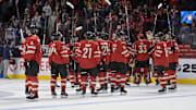 Feb 15, 2025; Montreal, Quebec, CAN; [Imagn Images direct customers only] Team Canada salutes the crowd after a defeat against Team United States during a 4 Nations Face-Off ice hockey game at the Bell Centre. Mandatory Credit: Eric Bolte-Imagn Images