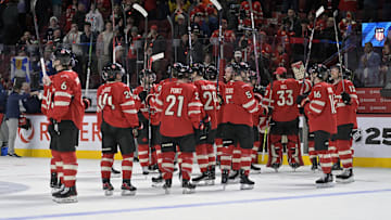 Feb 15, 2025; Montreal, Quebec, CAN; [Imagn Images direct customers only] Team Canada salutes the crowd after a defeat against Team United States during a 4 Nations Face-Off ice hockey game at the Bell Centre. Mandatory Credit: Eric Bolte-Imagn Images