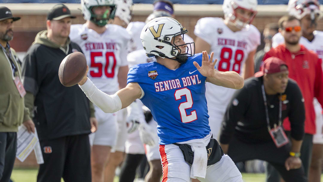 Jan 29, 2026; Mobile, AL, USA; National quarterback Diego Pavia (2) of Vanderbilt throws the ball during National Senior Bowl practice at Hancock Whitney Stadium. Mandatory Credit: Vasha Hunt-Imagn Images