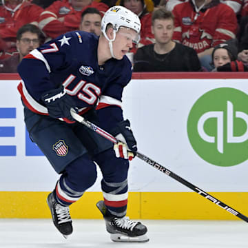 Team USA forward Brady Tkachuk against Team Canada during the 4 Nations Face-Off