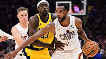 May 4, 2025; Cleveland, Ohio, USA; Indiana Pacers forward Pascal Siakam (43) defends Cleveland Cavaliers forward Evan Mobley (4) during the second half in game one of the second round for the 2025 NBA Playoffs at Rocket Arena. Mandatory Credit: Ken Blaze-Imagn Images
