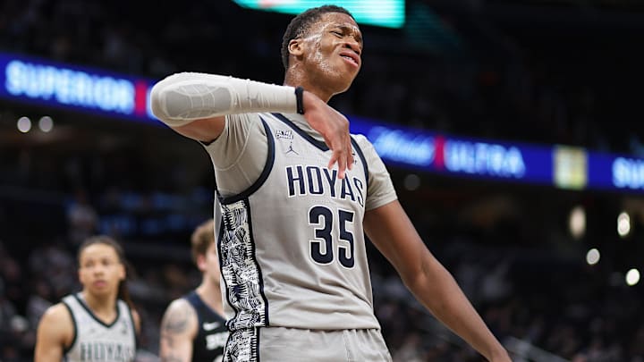 Jan 31, 2025; Washington, District of Columbia, USA; Georgetown Hoyas forward Thomas Sorber (35) reacts to a call during the second half against the Butler Bulldogs at Capital One Arena. Mandatory Credit: Daniel Kucin Jr.-Imagn Images