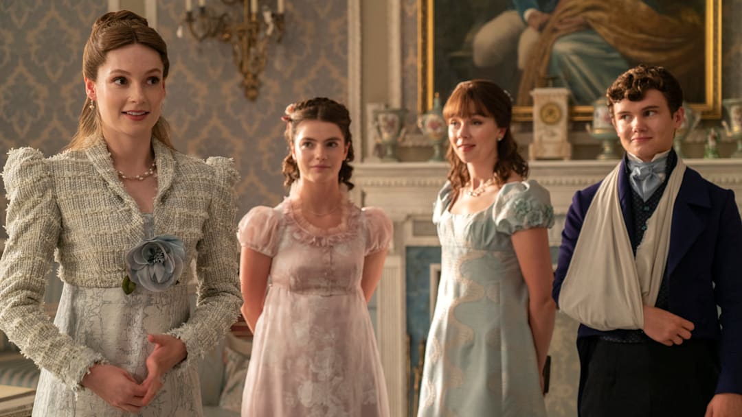 (L to R) Hannah Dodd as Francesca Bridgerton, Florence Hunt as Hyacinth Bridgerton, Claudia Jessie as Eloise Bridgerton, and Will Tilston as Gregory Bridgerton in episode 304 of Bridgerton