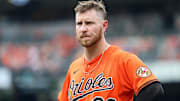 Jul 12, 2025; Baltimore, Maryland, USA; Baltimore Orioles first baseman Ryan O'Hearn (32) looks on during the fourth inning against the Miami Marlins at Oriole Park at Camden Yards