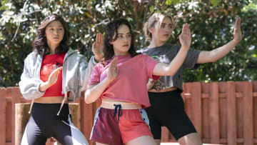 Cobra Kai. (L to R) Oona O’Brien as Devon, Mary Mouser as Samantha LaRusso, Peyton List as Tory Nichols in Cobra Kai. Cr. Curtis Bonds Baker/Netflix © 2024