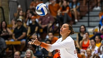 Madisen Skinner (6), outside hitter for the Texas Longhorns, serves the ball during the scrimmage volleyball match against UTSA at Gregory Gym on Saturday, Aug. 17, 2024 in Austin.