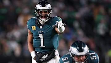 Nov 16, 2025; Philadelphia, Pennsylvania, USA; Philadelphia Eagles quarterback Jalen Hurts (1) reacts against the Detroit Lions during the first half at Lincoln Financial Field. Mandatory Credit: Bill Streicher-Imagn Images