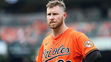 Jul 12, 2025; Baltimore, Maryland, USA; Baltimore Orioles first baseman Ryan O'Hearn (32) looks on during the fourth inning against the Miami Marlins at Oriole Park at Camden Yards