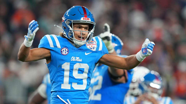 Jan 8, 2026; Glendale, AZ, USA; Mississippi Rebels wide receiver Cayden Lee (19) reacts in the second half during the 2026 Fiesta Bowl and semifinal game of the College Football Playoff at State Farm Stadium. Mandatory Credit: Joe Camporeale-Imagn Images