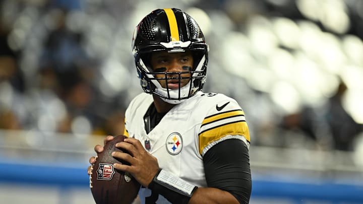 Aug 24, 2024; Detroit, Michigan, USA;  Pittsburgh Steelers quarterback Russell Wilson (3) warms up before their game against the Detroit Lions at Ford Field. Mandatory Credit: Lon Horwedel-Imagn Images