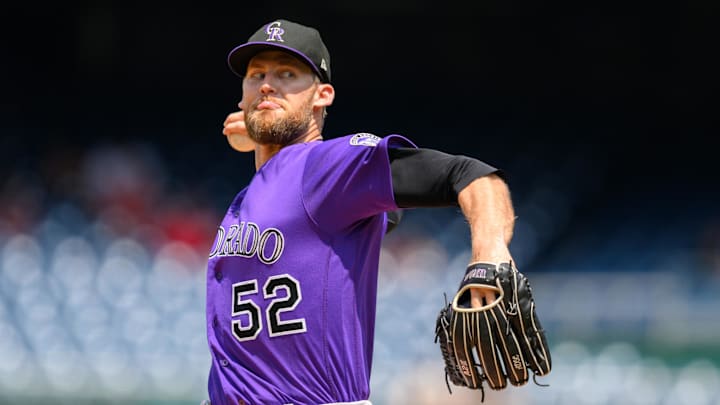 Jul 26, 2023; Washington, District of Columbia, USA; Colorado Rockies relief pitcher Daniel Bard (52) throws a pitch during the ninth inning against the Washington Nationals at Nationals Park. 