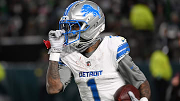 Nov 16, 2025; Philadelphia, Pennsylvania, USA; Detroit Lions wide receiver Jameson Williams (1) reacts after scoring a touchdown against the Philadelphia Eagles during the first half at Lincoln Financial Field.