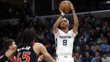 Nov 24, 2021; Memphis, Tennessee, USA; Memphis Grizzles forward Ziaire Williams (8) shoots for three during the second half against the Toronto Raptors at FedExForum. Mandatory Credit: Petre Thomas-USA TODAY Sports