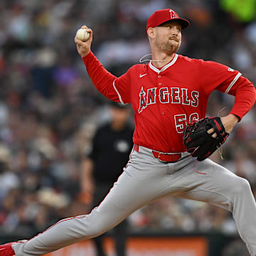Aug 9, 2025; Detroit, Michigan, USA;  Los Angeles Angels pitcher Ryan Zeferjahn (56) throws a pitch against the Detroit Tigers in the sixth inning at Comerica Park. Mandatory Credit: Lon Horwedel-Imagn Images