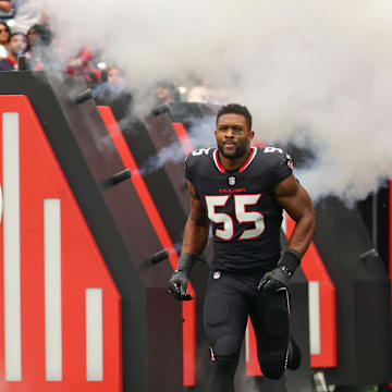 Nov 9, 2025; Houston, Texas, USA; Houston Texans defensive end Danielle Hunter (55) is introduced  before playing against the Jacksonville Jaguars at NRG Stadium. Mandatory Credit: Thomas Shea-Imagn Images