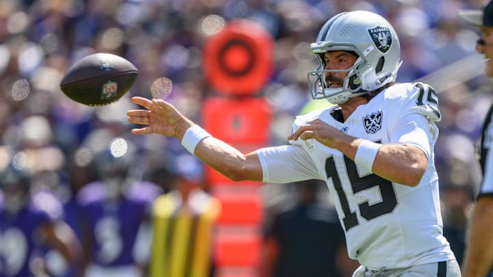 Sep 15, 2024; Baltimore, Maryland, USA; Las Vegas Raiders quarterback Gardner Minshew (15) throws during the first half against the Baltimore Ravens at M&T Bank Stadium. Mandatory Credit: Reggie Hildred-Imagn Images