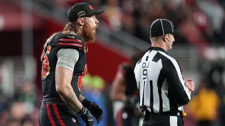 Jan 3, 2026; Santa Clara, California, USA; San Francisco 49ers tight end George Kittle (85) reacts against the Seattle Seahawks during the second half at Levi's Stadium. Mandatory Credit: Neville E. Guard-Imagn Images