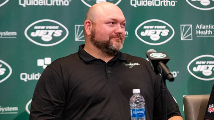 Apr 26, 2023; Florham Park, NJ, USA; New York Jets general manager Joe Douglas addresses the media during the introductory press conference for quarterback Aaron Rodgers (8) (not pictured) at Atlantic Health Jets Training Center.