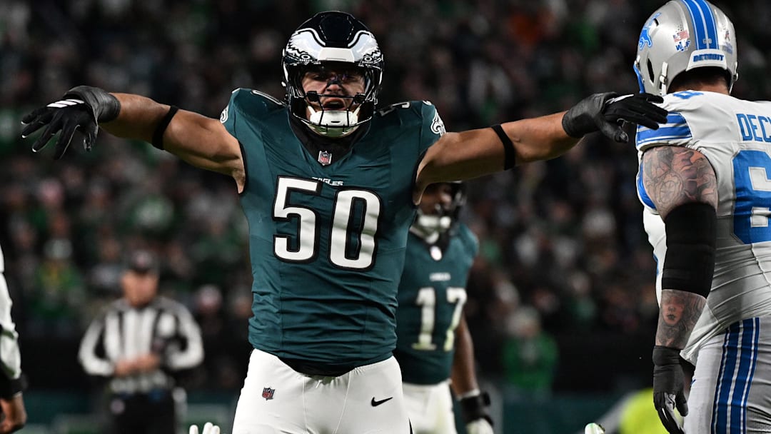 Nov 16, 2025; Philadelphia, Pennsylvania, USA; Philadelphia Eagles linebacker Jaelan Phillips (50) reacts after sacking Detroit Lions quarterback Jared Goff (16) during the first half at Lincoln Financial Field. Mandatory Credit: Eric Hartline-Imagn Images