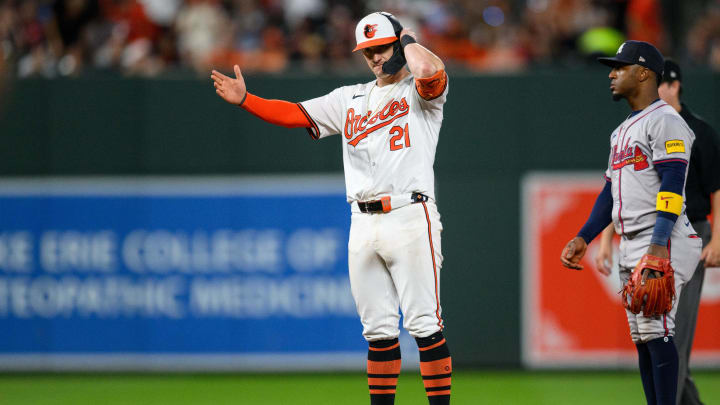 Jun 12, 2024; Baltimore, Maryland, USA; Baltimore Orioles outfielder Austin Hays (21) reacts after hitting a double during the eighth inning against the Atlanta Braves at Oriole Park at Camden Yards. Mandatory Credit: Reggie Hildred-USA TODAY Sports