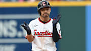 Jun 7, 2025; Cleveland, Ohio, USA; Cleveland Guardians left fielder Steven Kwan (38) celebrates after hitting a double during the ninth inning against the Houston Astros at Progressive Field. Mandatory Credit: Ken Blaze-Imagn Images