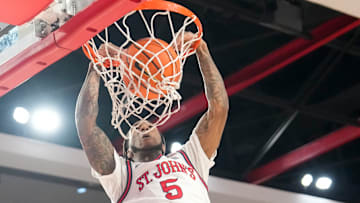 Kansas State v St. John's; St. John's basketball guard Deivon Smith dunks against Kansas State inside Carnesecca Arena. 