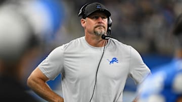 Aug 16, 2025; Detroit, Michigan, USA;  Detroit Lions head coach Dan Campbell on the sidelines during the Lions game against the Miami Dolphins in the first quarter at Ford Field.
