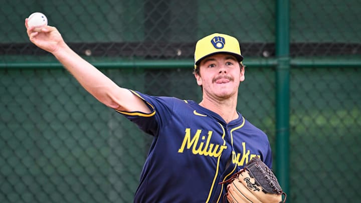 Milwaukee Brewers pitcher Logan Henderson throws in the bullpen during spring training workouts Monday, February 17, 2025, at American Family Fields of Phoenix in Phoenix, Arizona.